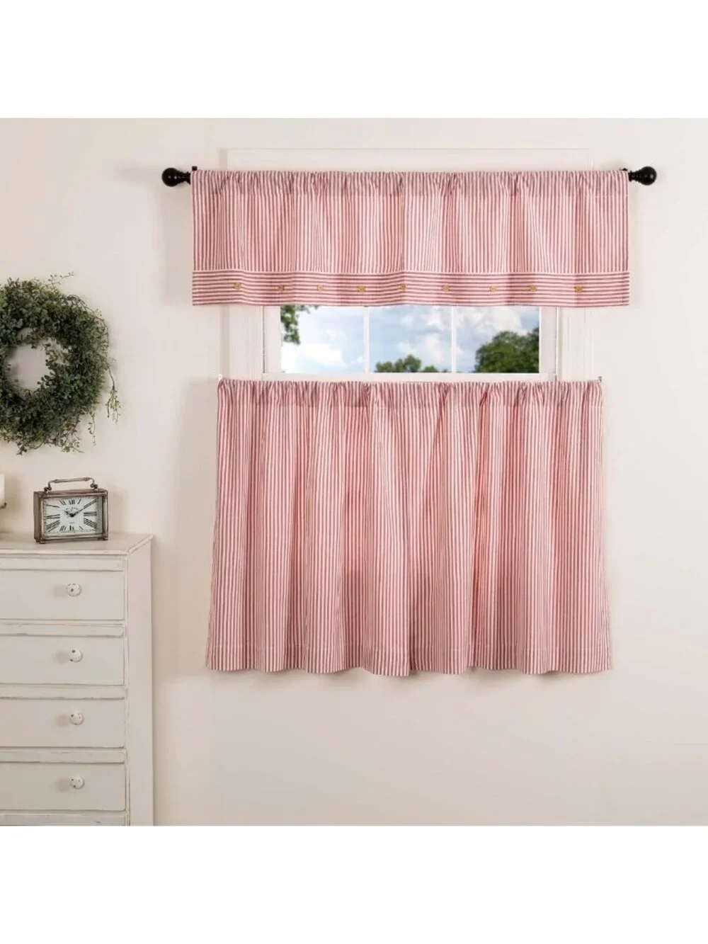 Chic Red Ticking Stripe Café Curtains, Set of 2, 36
